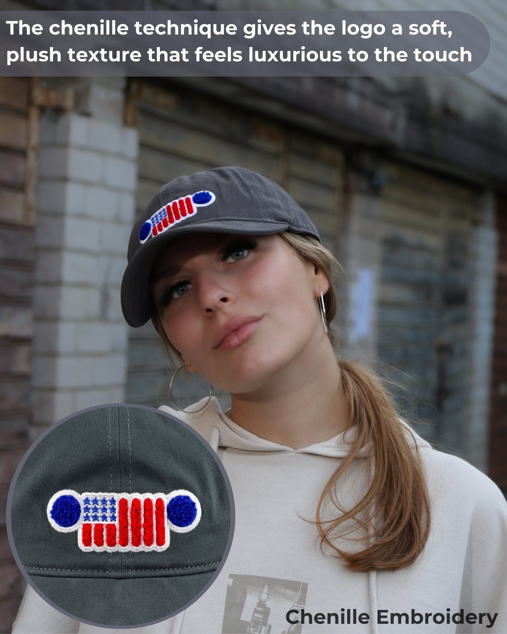 Hat - Jeep Chino Twill Ponytail with Chenille Stars and Stripes Grille Patch - Detroit Shirt CompanyFCA - JeepHats (Apparel)