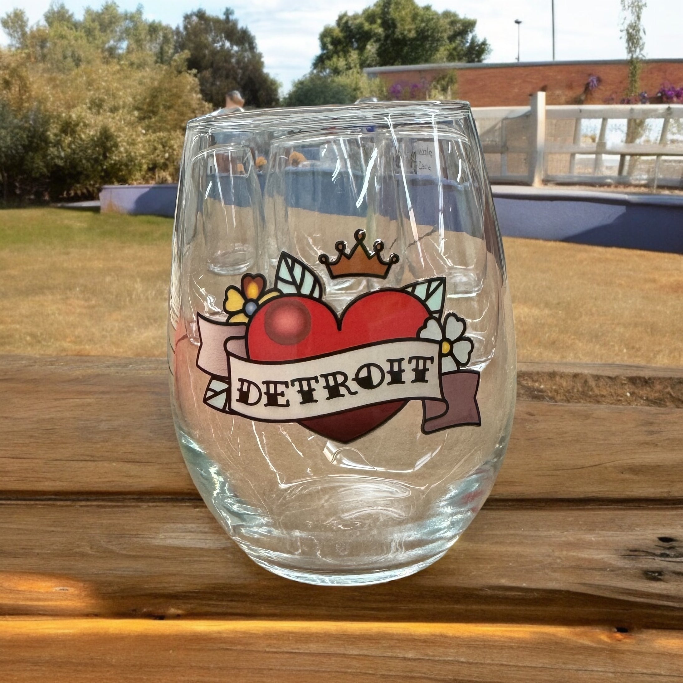 Wine Glass - Detroit Heart Classic Tattoo Style