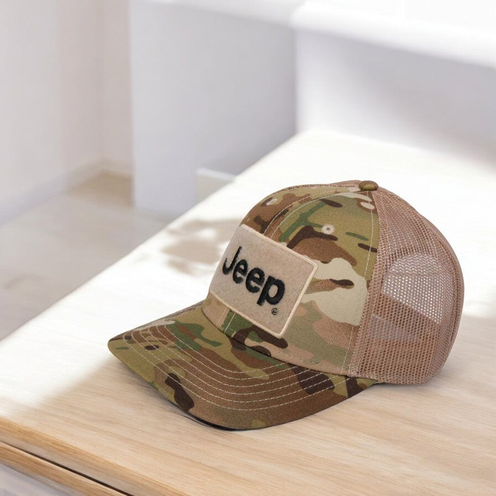 Hat - Jeep Text Logo Camo Pattern Hook and Loop Tactical Snapback