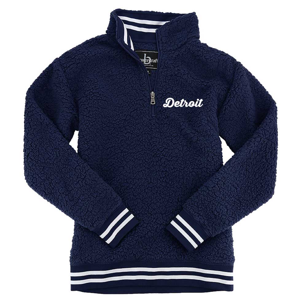 Ladies Detroit Thirsty Script Sherpa 1/4 zip (Navy Blue) - Detroit Shirt CompanyDetroit Shirt CompanySweatshirts (Apparel)