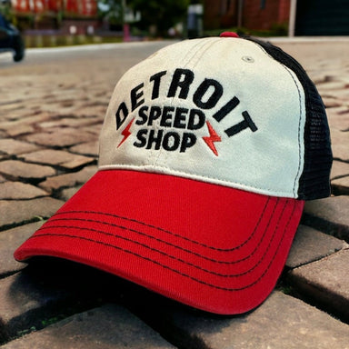 Hat - Detroit Speed Shop Bolt Tricolor Trucker - Detroit Shirt CompanyDetroit Shirt CompanyHats (Apparel)