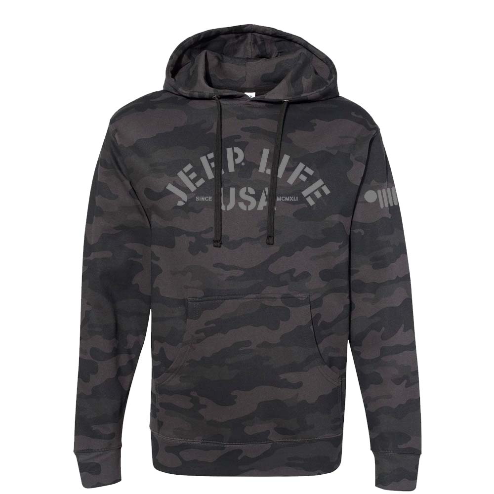 Mens/Unisex Jeep® Life USA Hoodie Shirt Detroit Camo - Company — Black